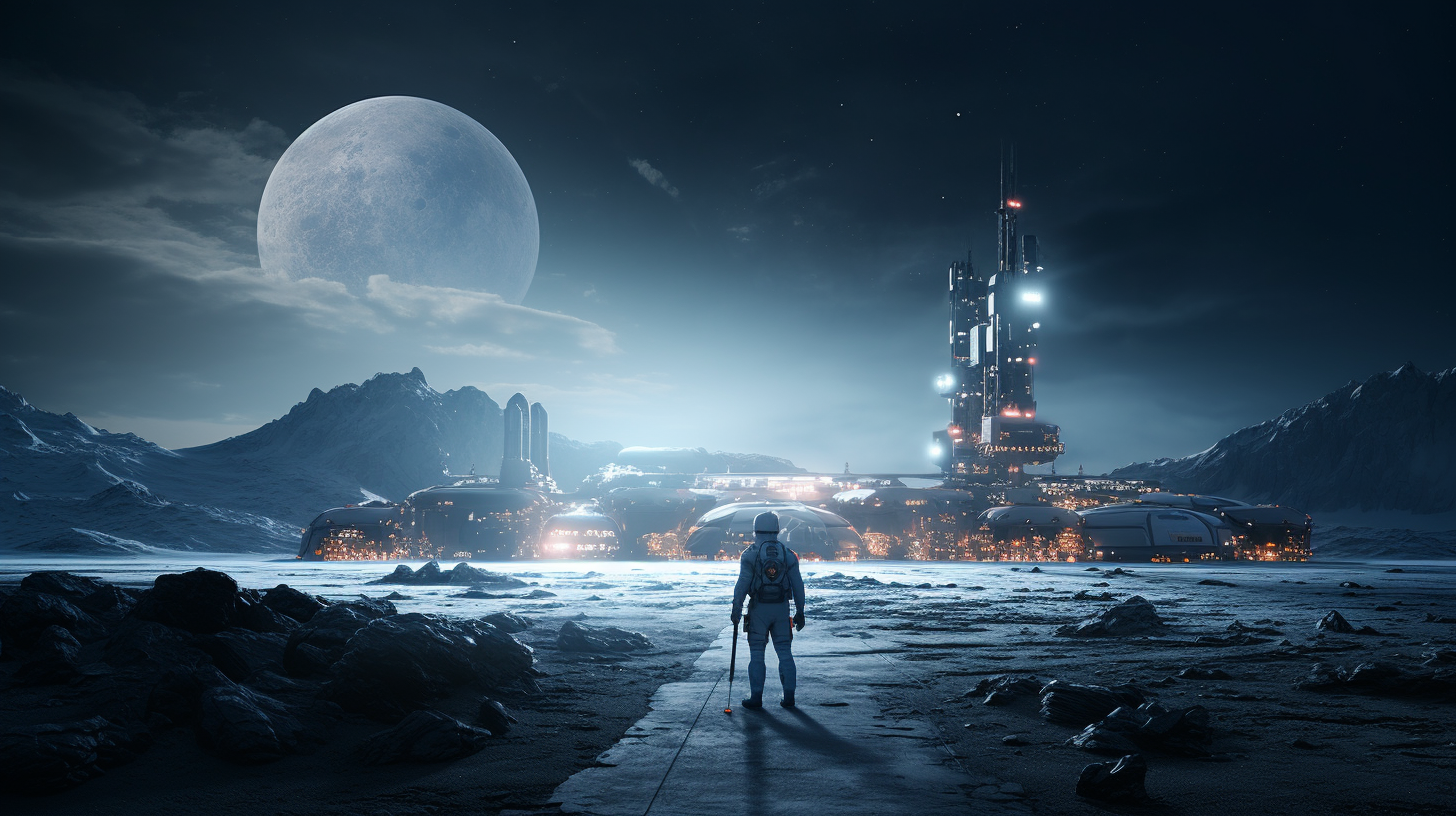 Soldier walking on moon base in futuristic sci-fi scene