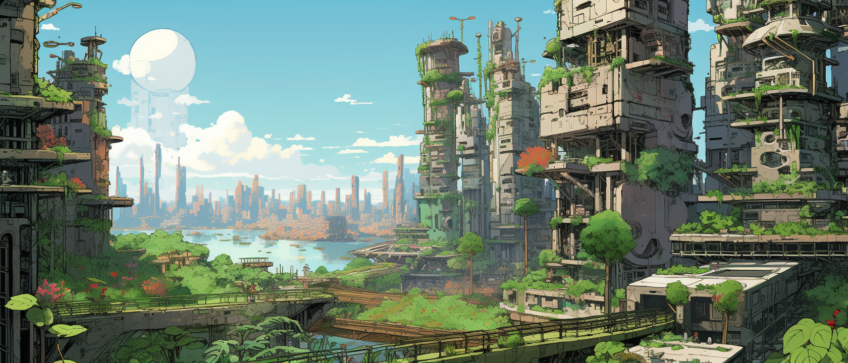 Beautiful futuristic anime cityscape with solar punk elements