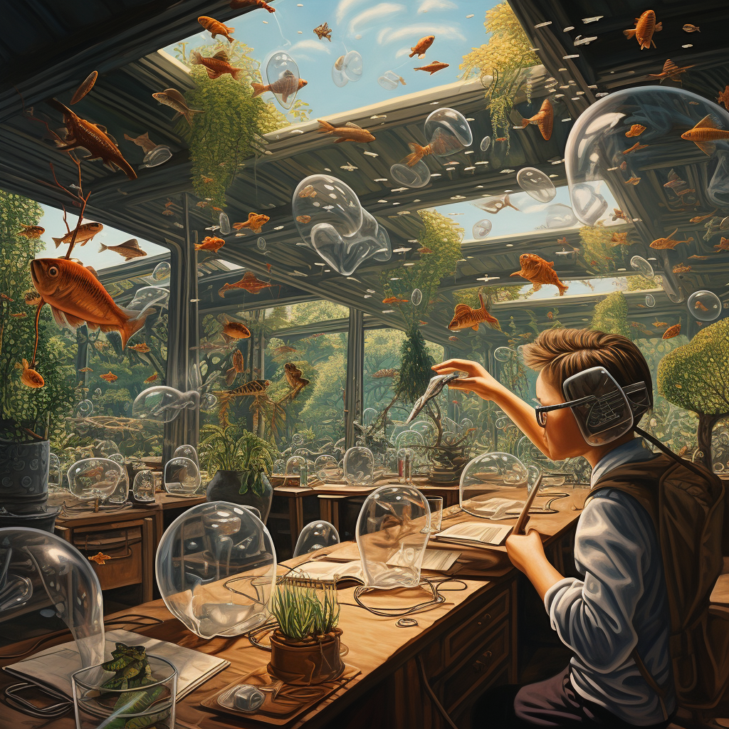 Surreal future classroom with sustainable ecological creatures