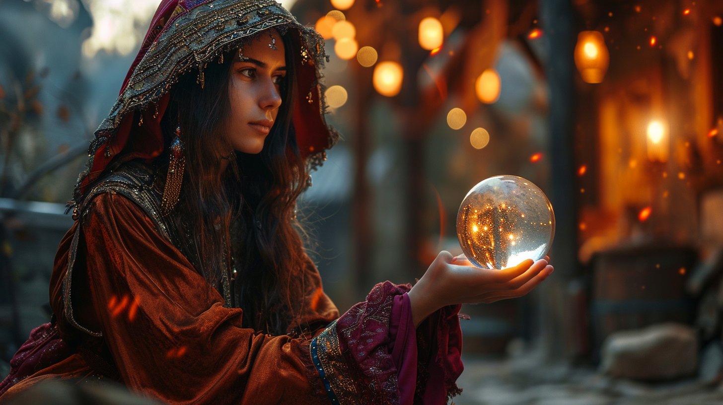 Fortune teller with crystal ball in epic medieval setting