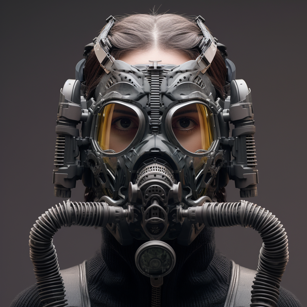 Soldier wearing advanced oxygen mask in polluted environment