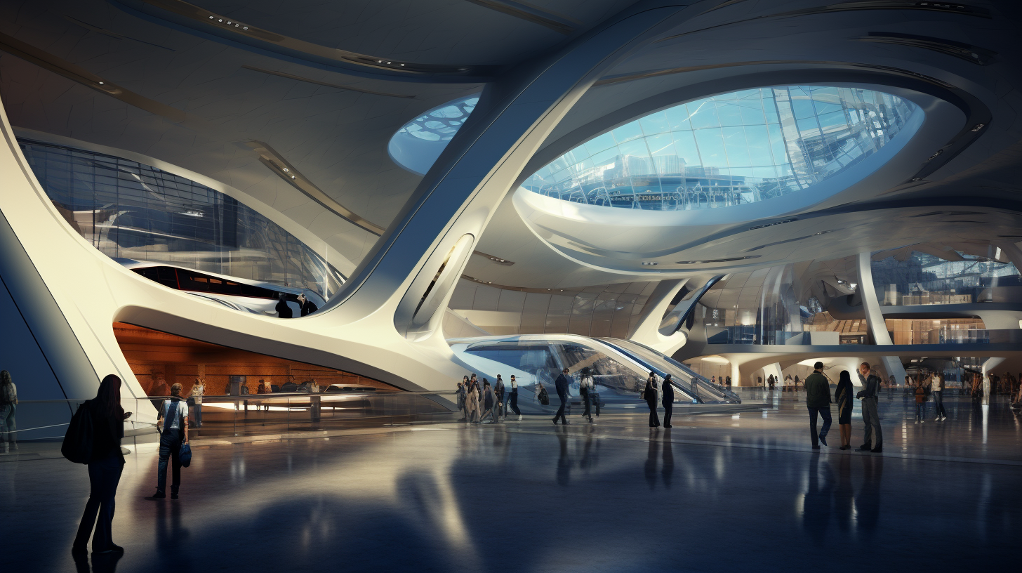 Futuristic transportation terminal with travelers boarding