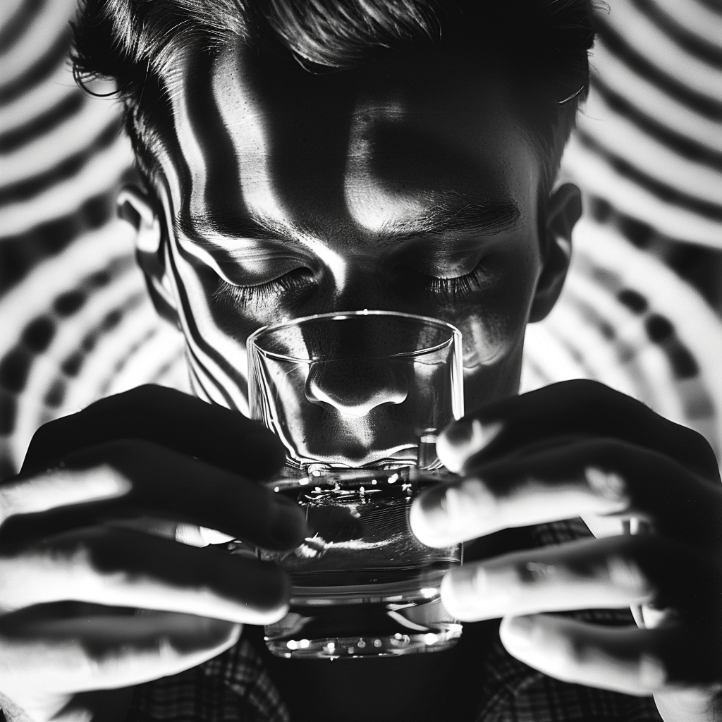 Young man sipping whiskey closeup savoring