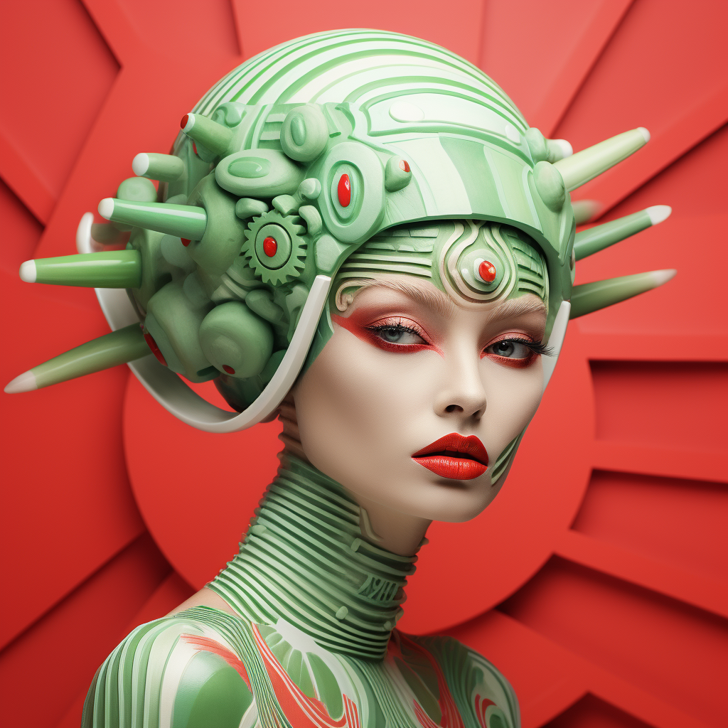 Abstract watermelon supermodel face with cucumber and green onion headpiece