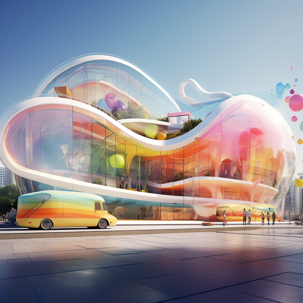 Futurist Cultural Center with Colorful Passenger and White Building