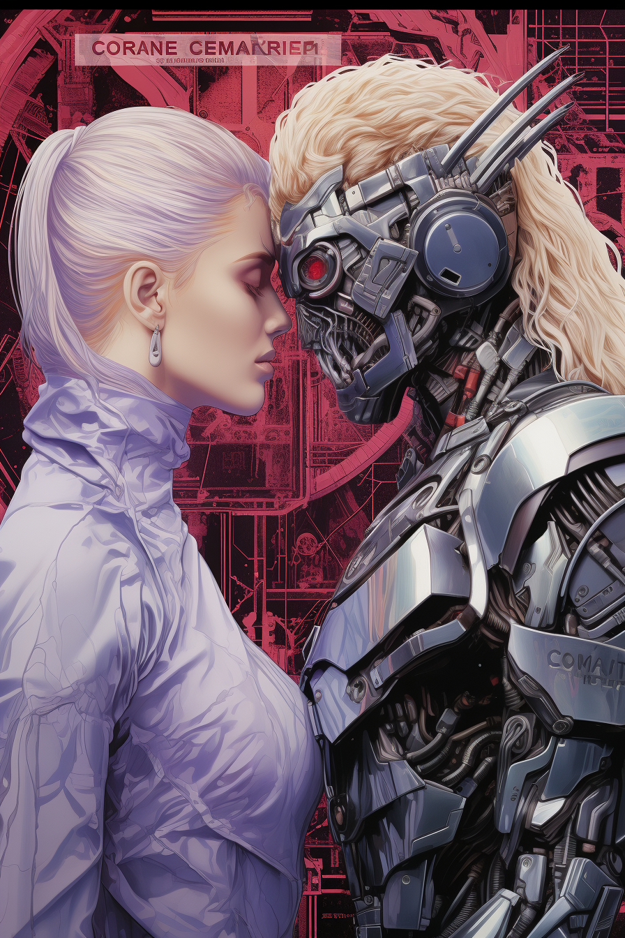 Futurist Poster with Grey Angel and Cyborg Kissing