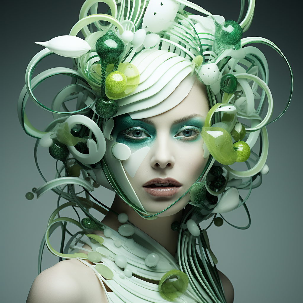 Futurist supermodel with green fruit headpiece