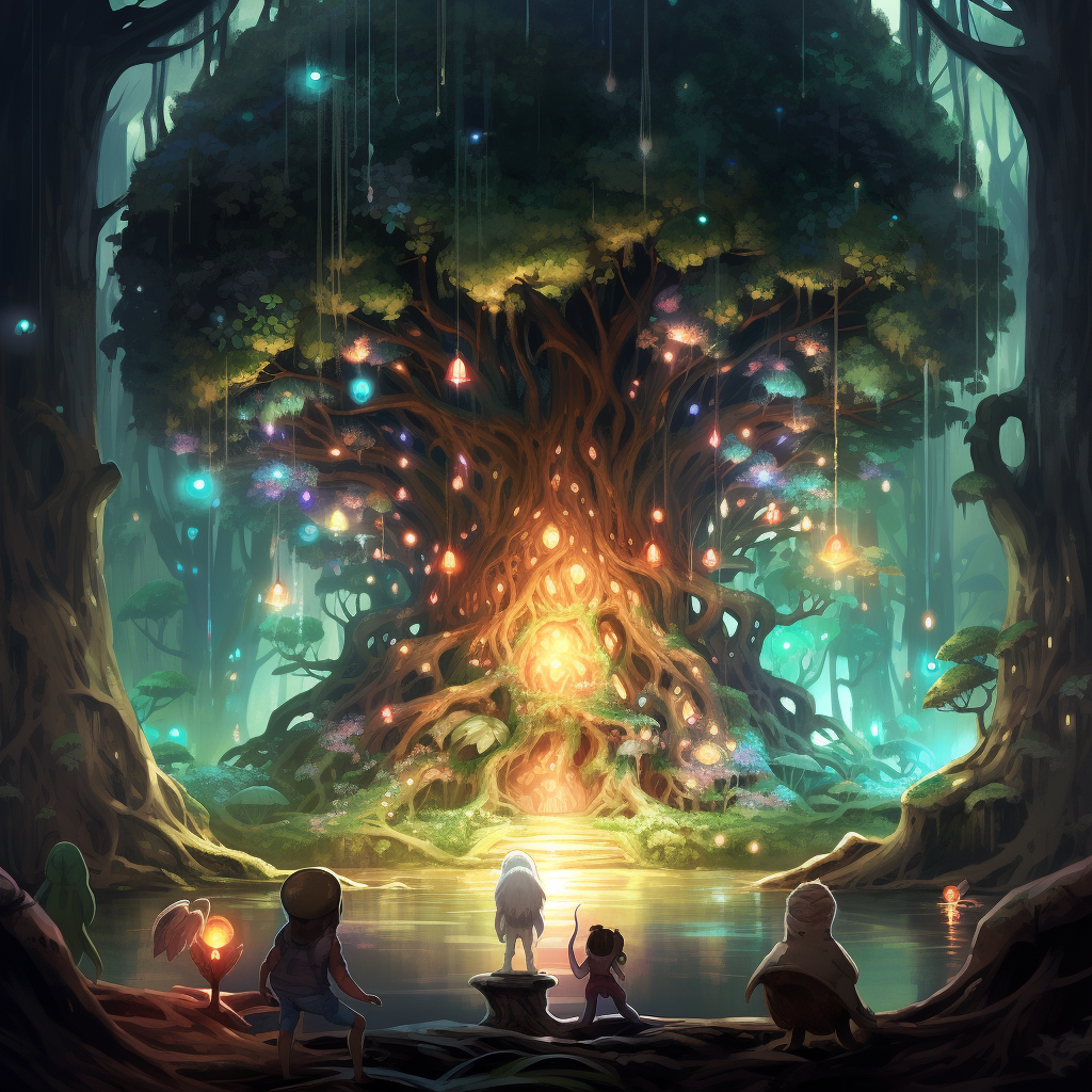 Illustration of cute creatures protecting a giant spirit tree