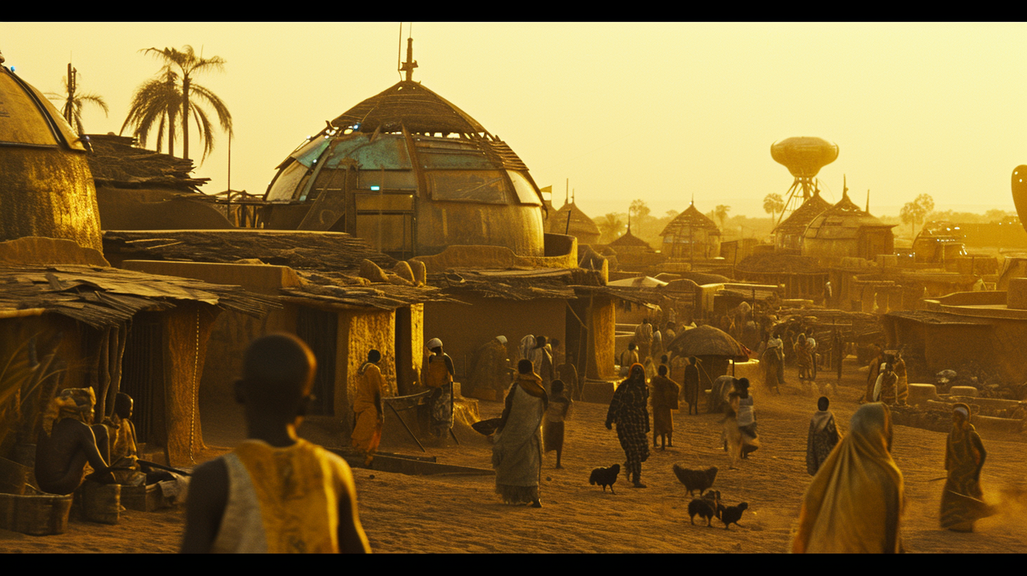 African science fiction village with neon hairstyles