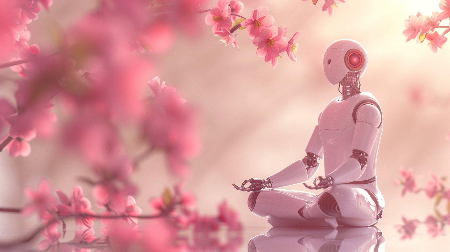 sleek futuristic chatbot surrounded by pink flowers