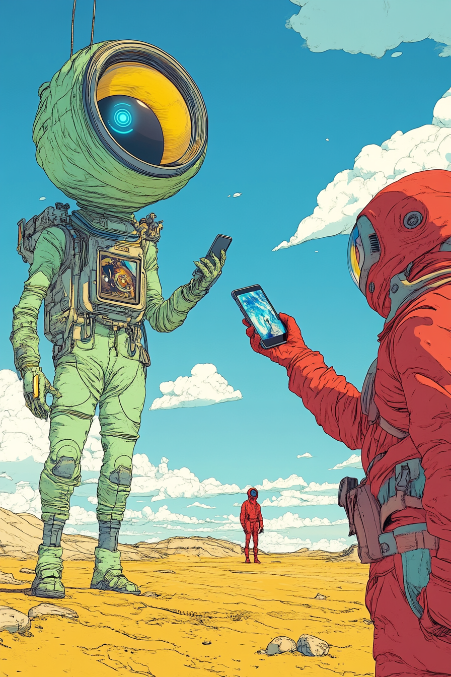 Futuristic alien holding phone on sand