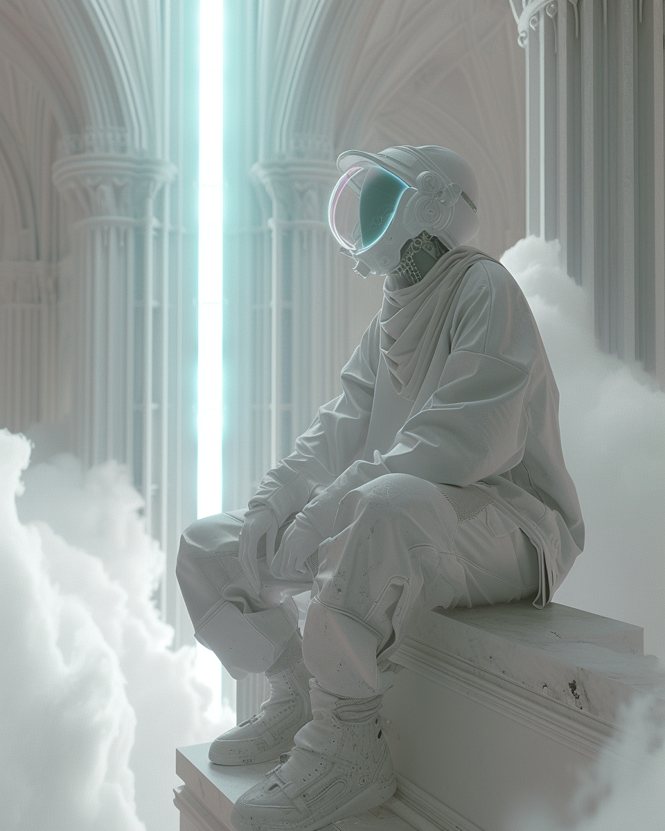 Android meditating in futuristic cathedral