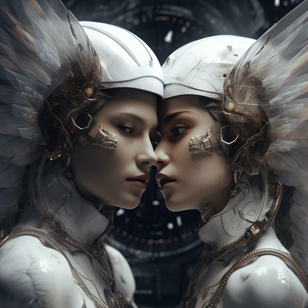 Photorealistic futuristic angel couple flight