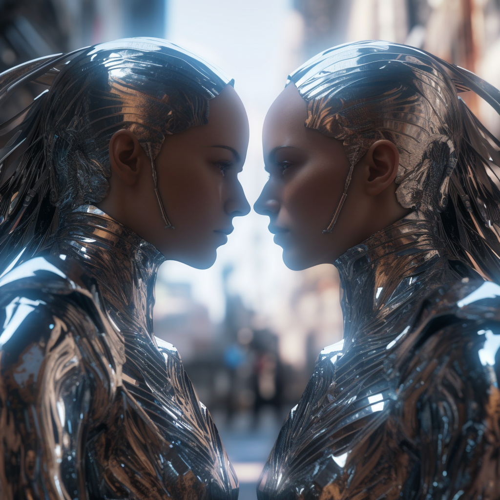 Photorealistic futuristic chrome angels flying