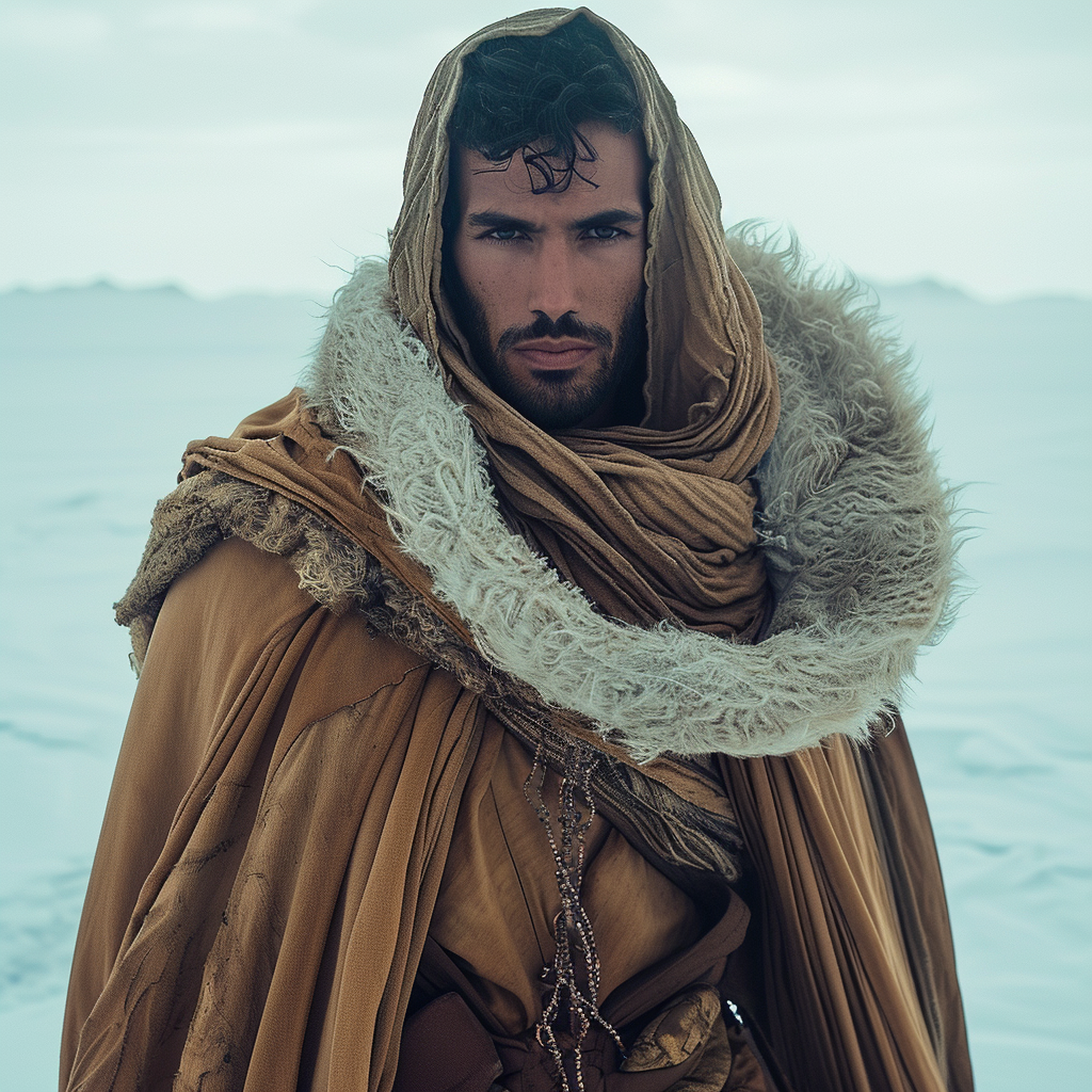 Futuristic Arabic Man in Brown Robes with Fur Trim