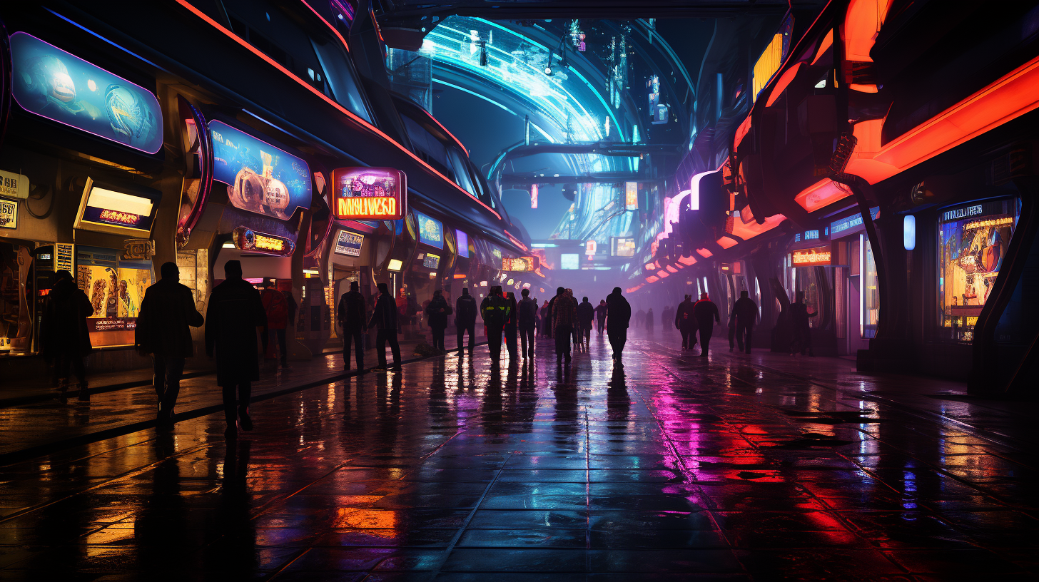 Futuristic Arcade People Walking Neon