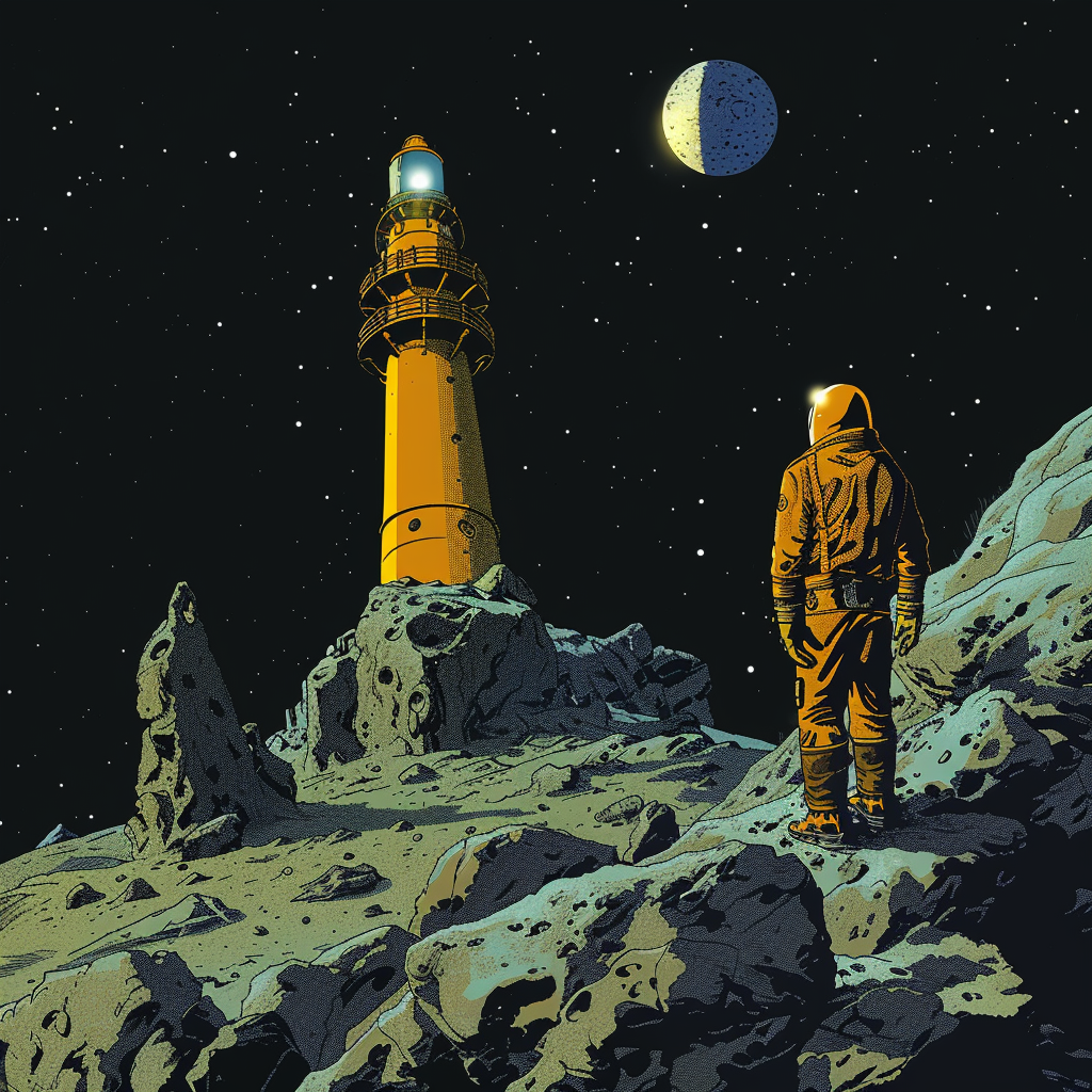 Astronaut overlooking asteroid lighthouse