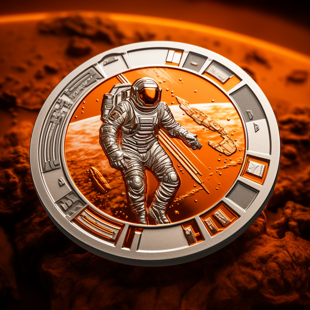 Engraved futuristic astronaut landing on Planet Genesys