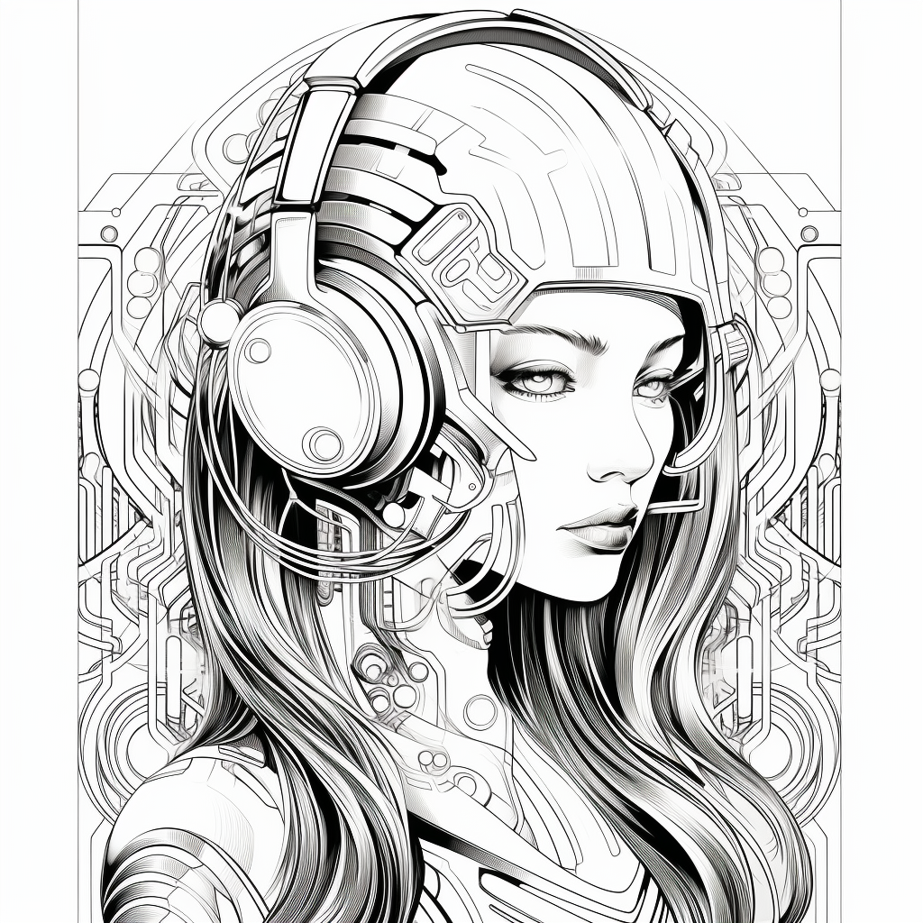 Coloring page of futuristic woman with headphones