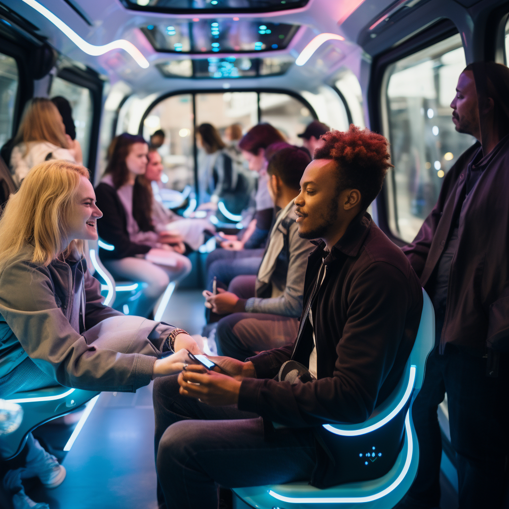 Commuters playing games inside futuristic autonomous bus in London.