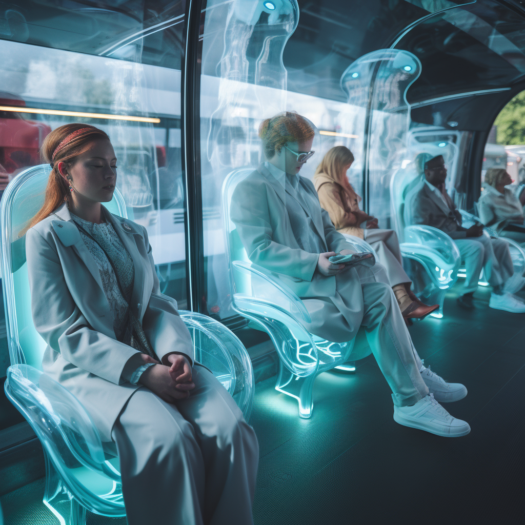 Commuters meditating on futuristic bus in London