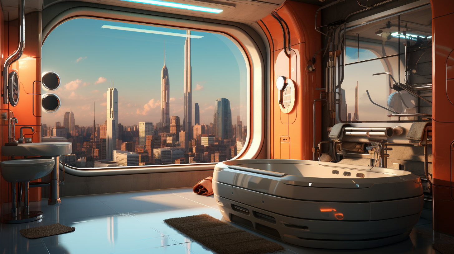 Futuristic bathroom with sunrays and cyberpunk city view