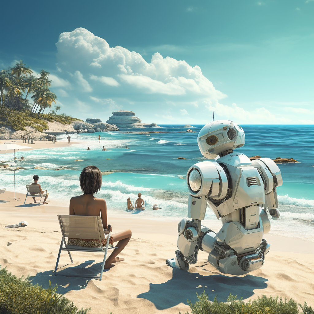 Futuristic beach vacation with robots and technology