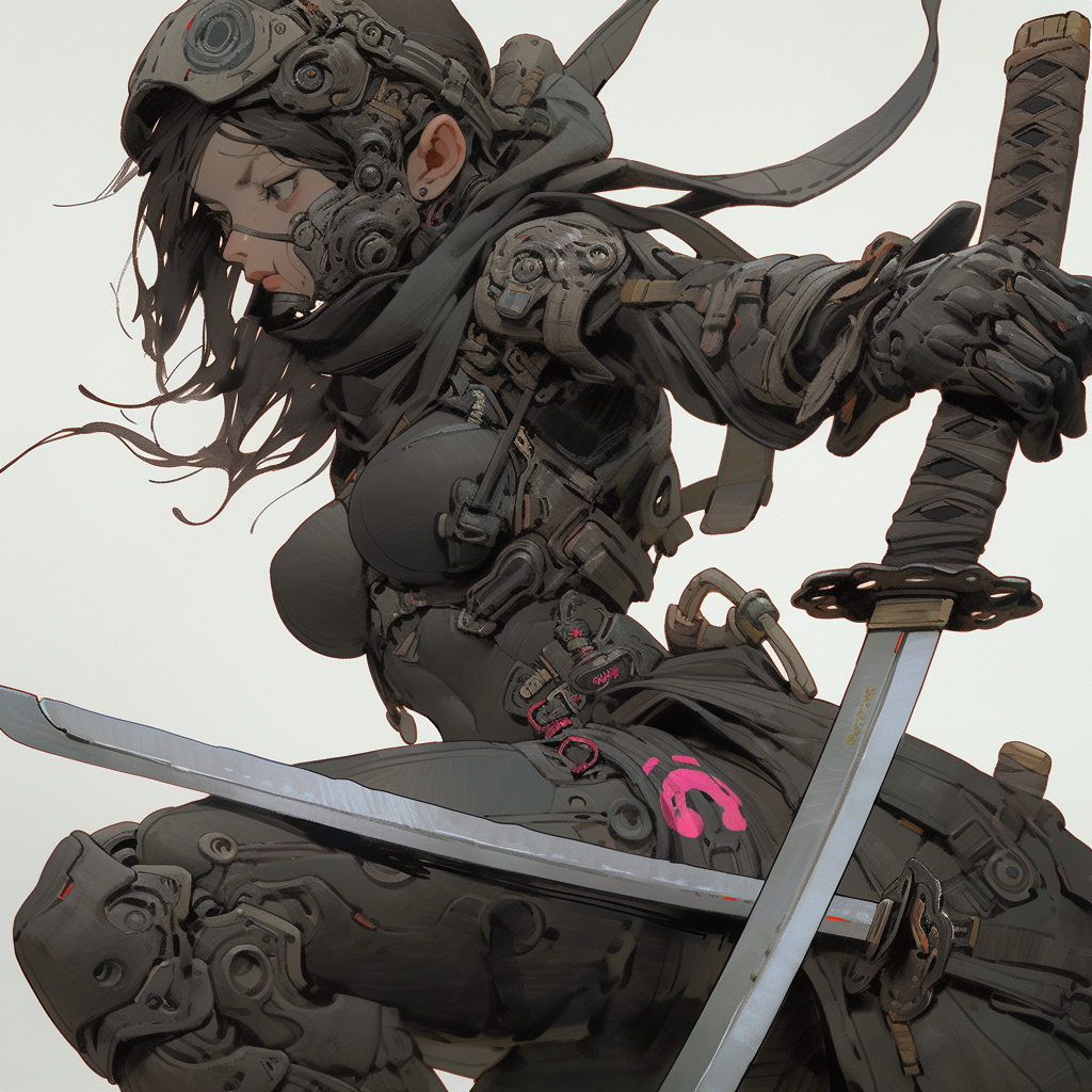 Futuristic biker samurai girl with katana