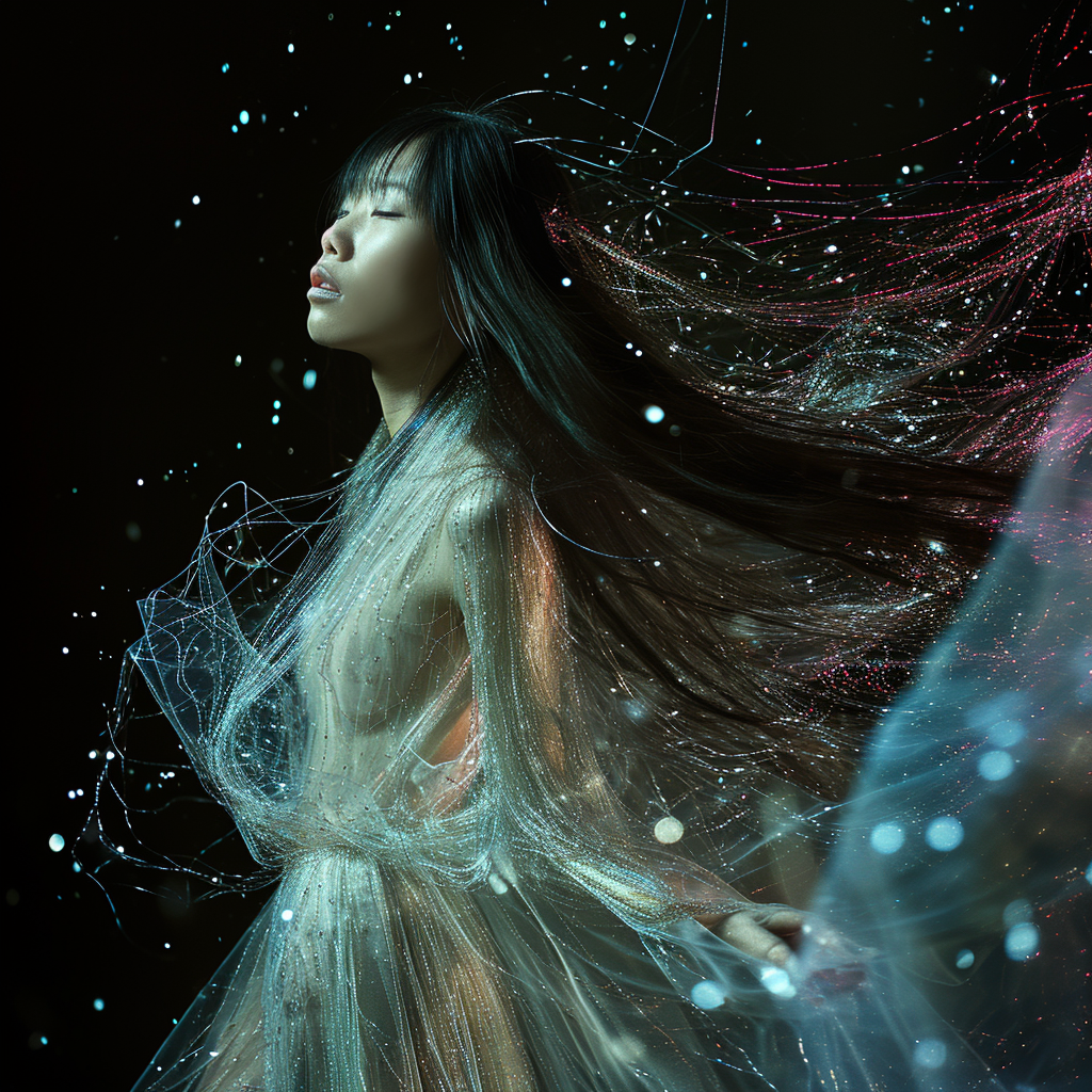 Asian woman in futuristic dress with crystals and sparks