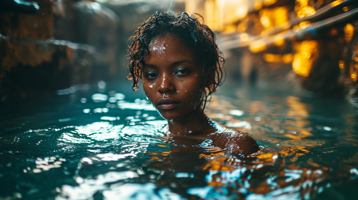 Cyborg Black Girl Floating in Mercury Pool