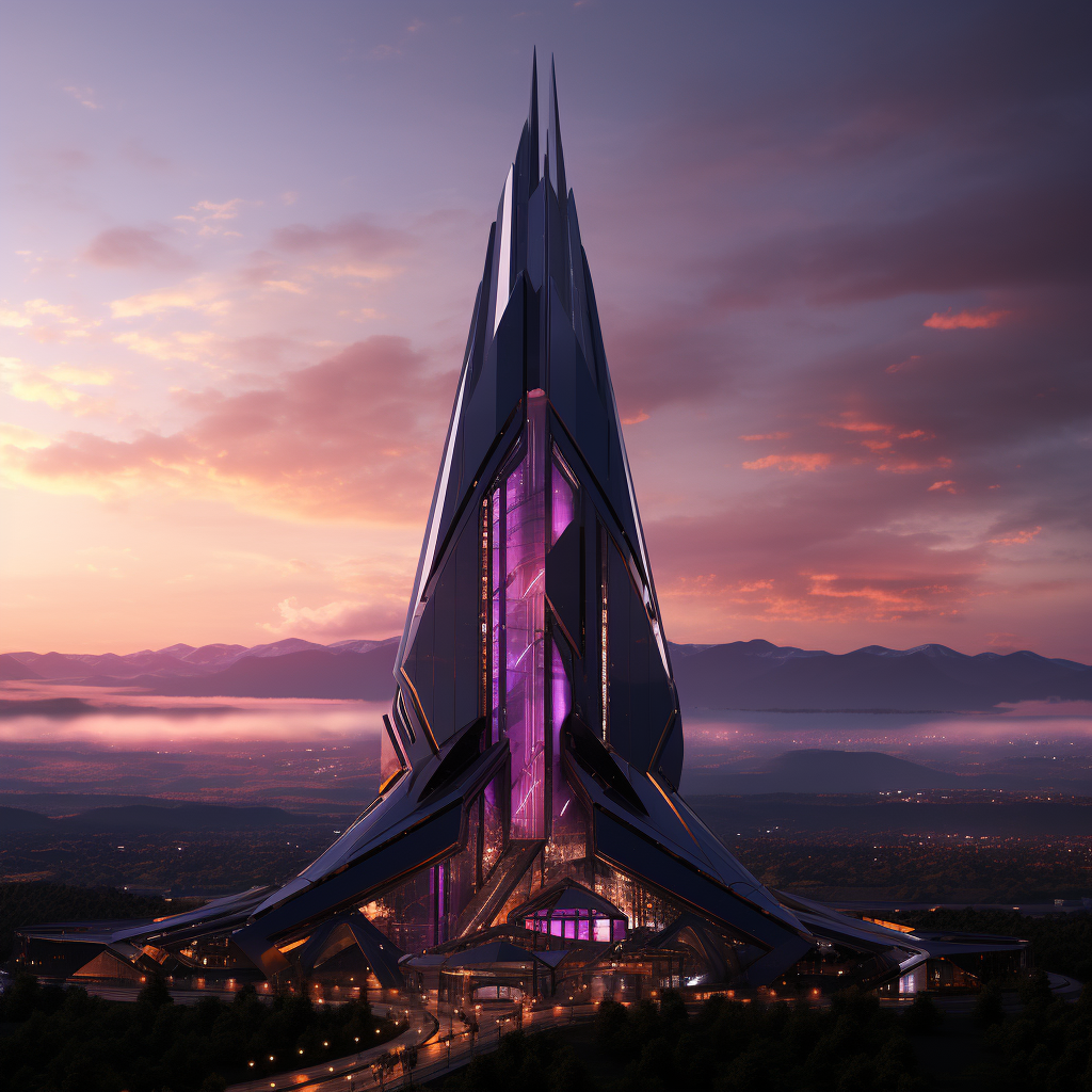 Futuristic Black Glass Building with Purple Eye