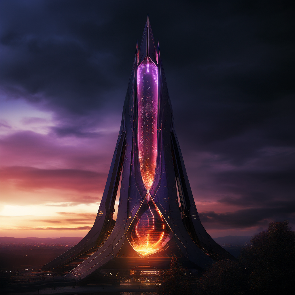 Futuristic black glass tower with purple eye