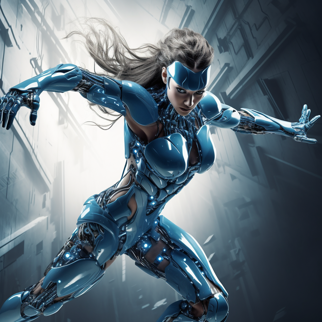 Futuristic blue robot woman in attack pose