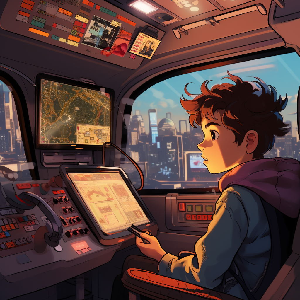 Tim in futuristic bus with animated character 'ハル'