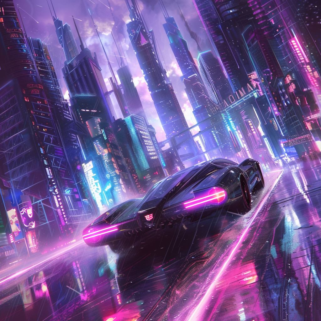 Futuristic Cadillac Cruising Neon Cityscape