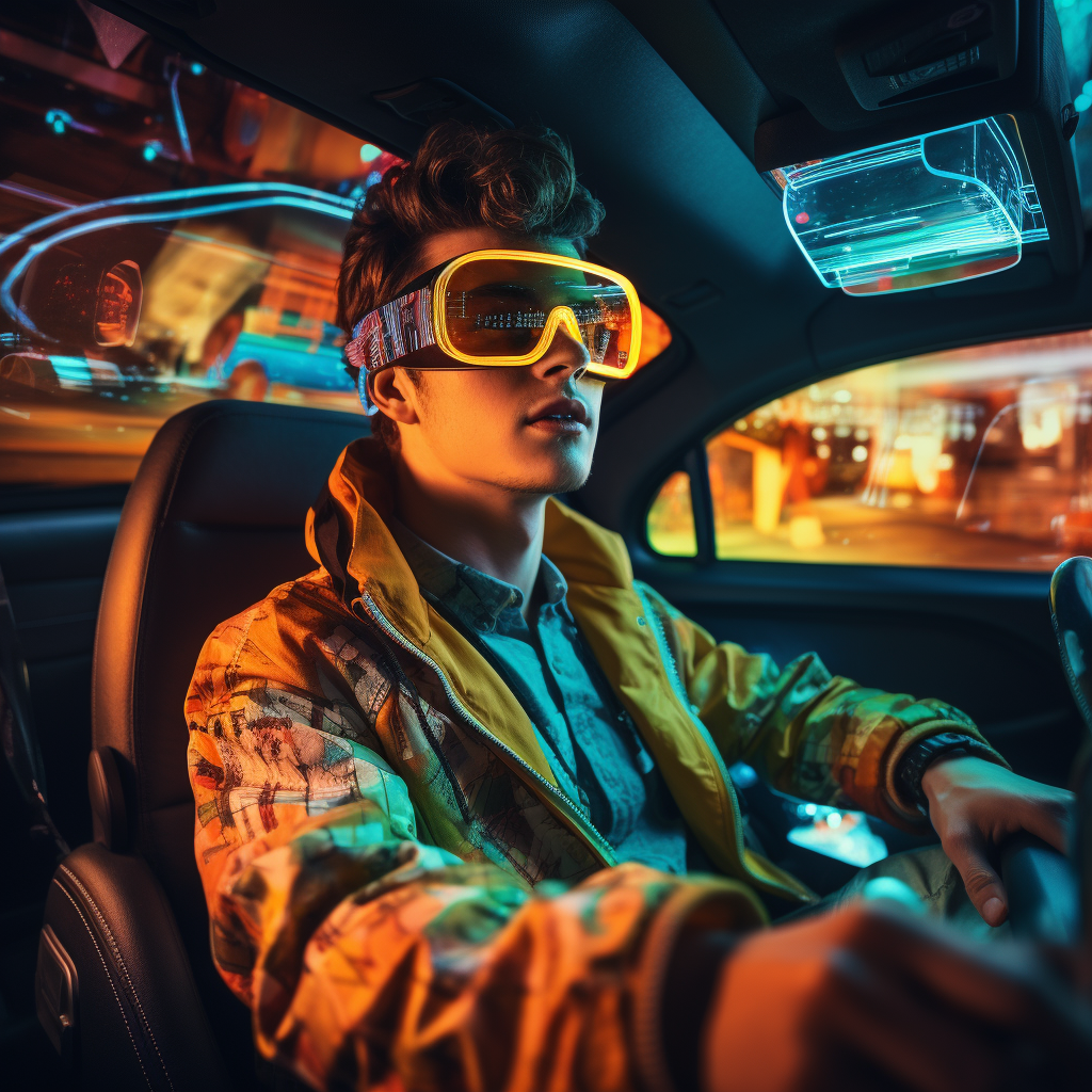 Person driving futuristic car with colorful cybernetic glasses