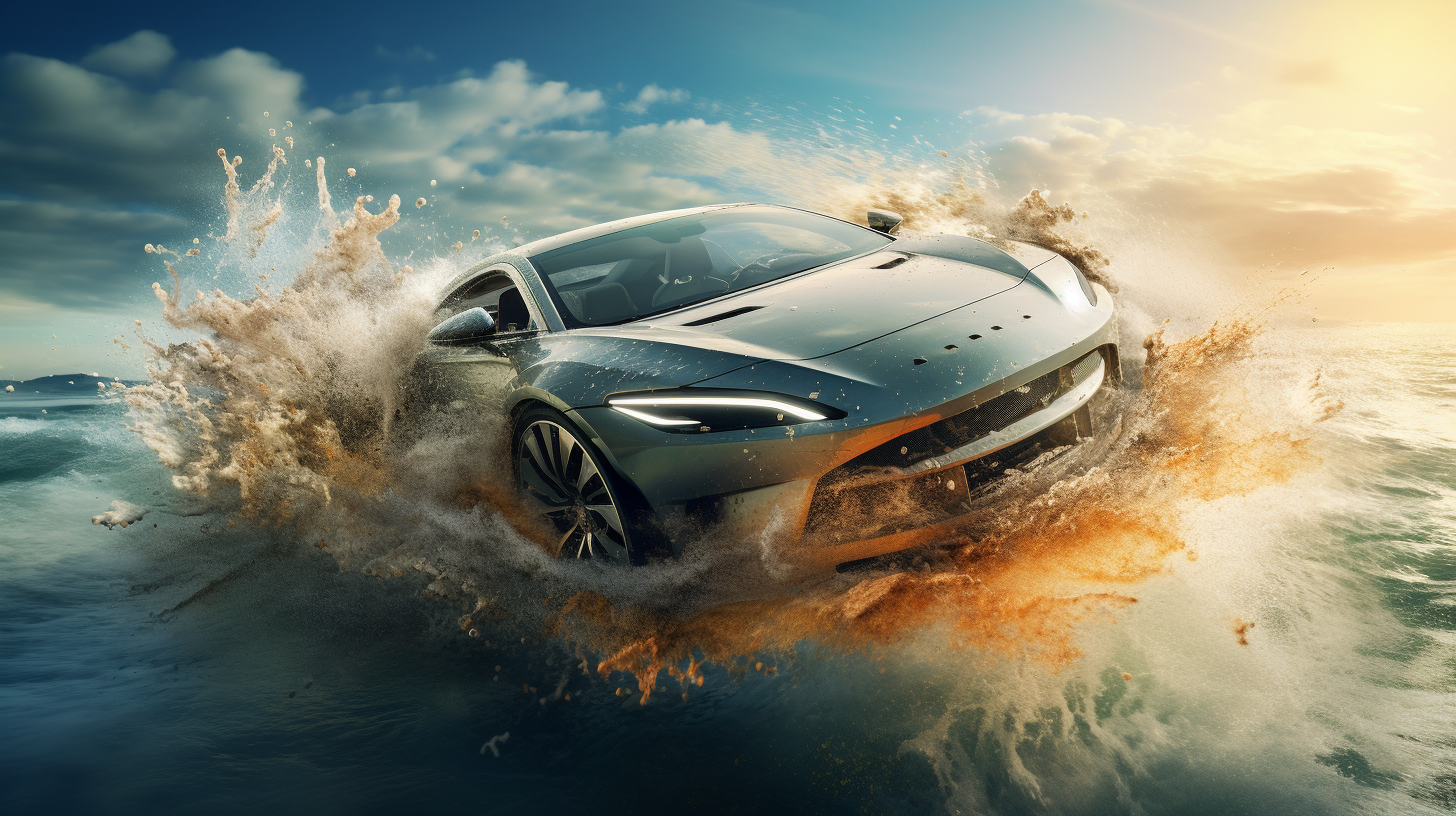 Futuristic car falling in sea