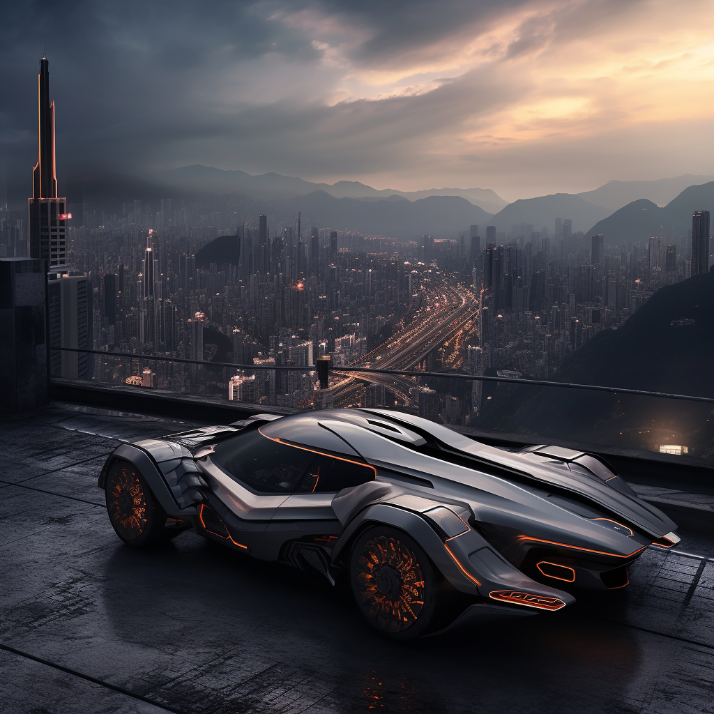 Futuristic car on mountain ledge with cyberpunk skyline