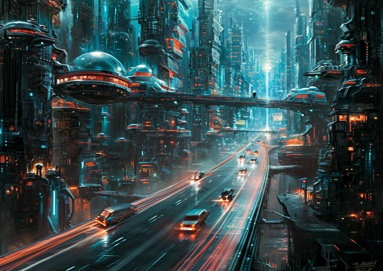 Futuristic city with brick buildings illustration