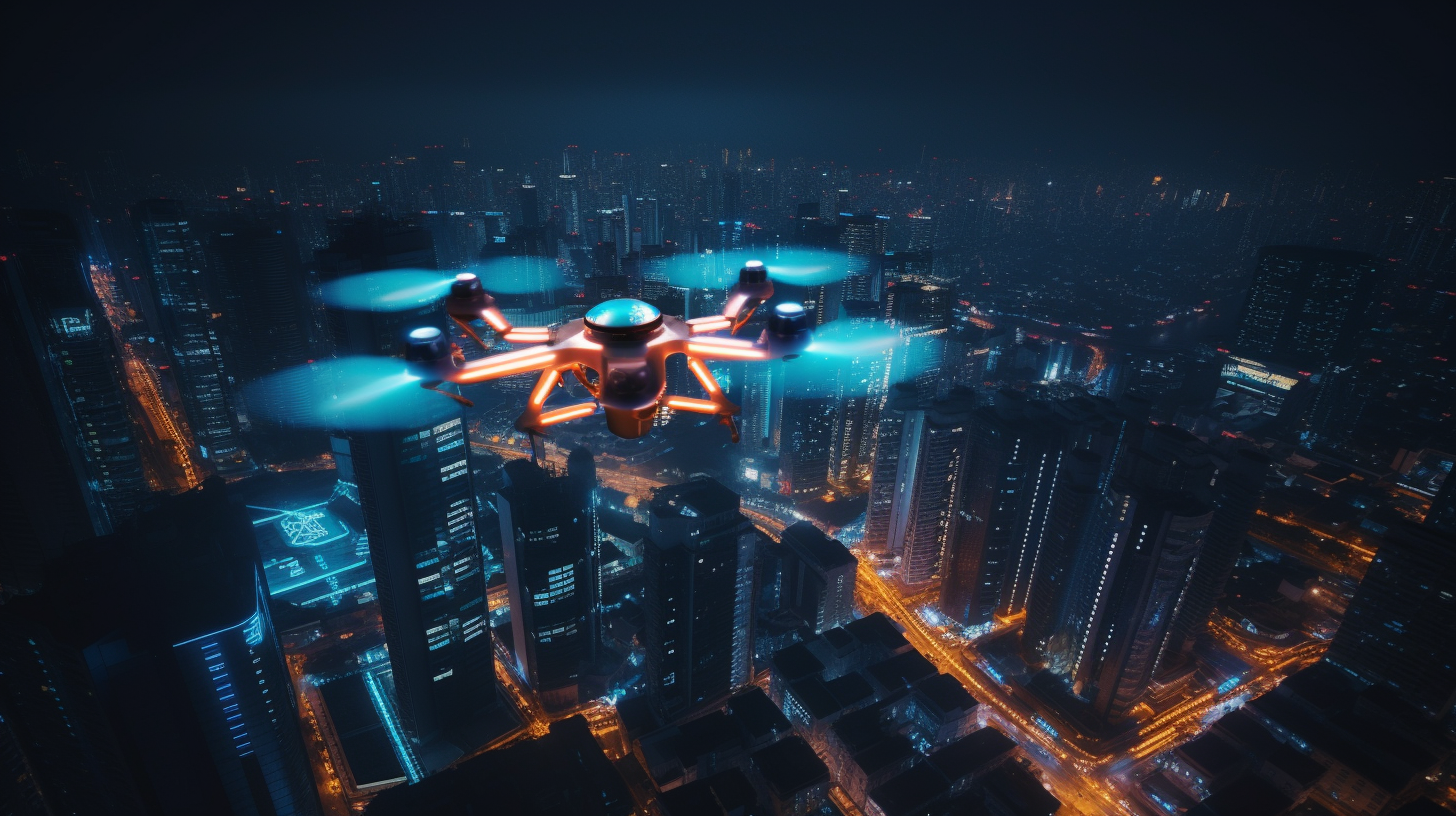 Futuristic city with drone delivering parcels