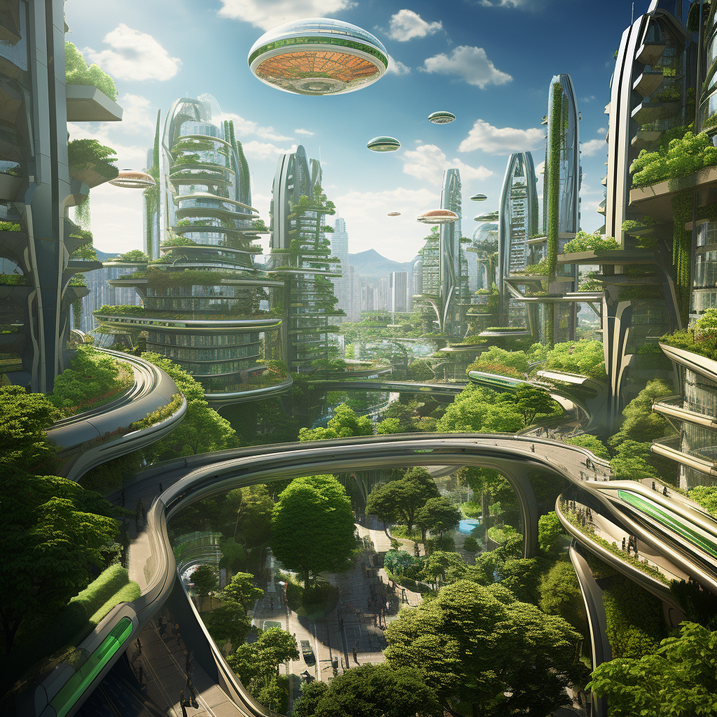 Futuristic city with green life scenery