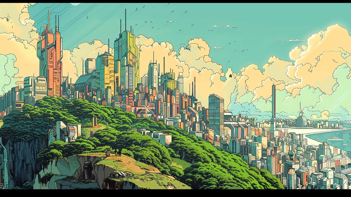 Hill overlooking futuristic city illustration