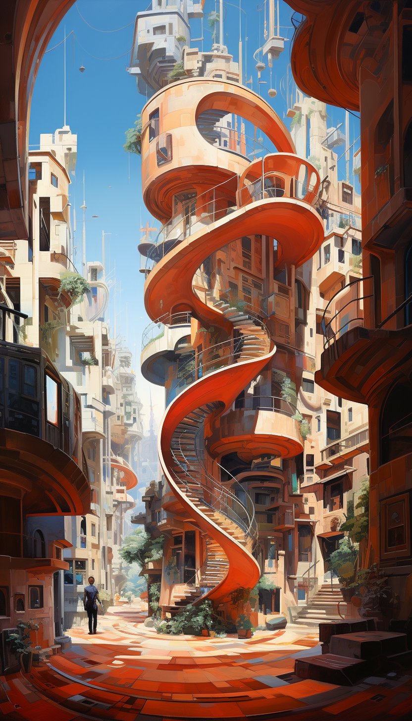 Futuristic city painting with an urban spiral resemblance