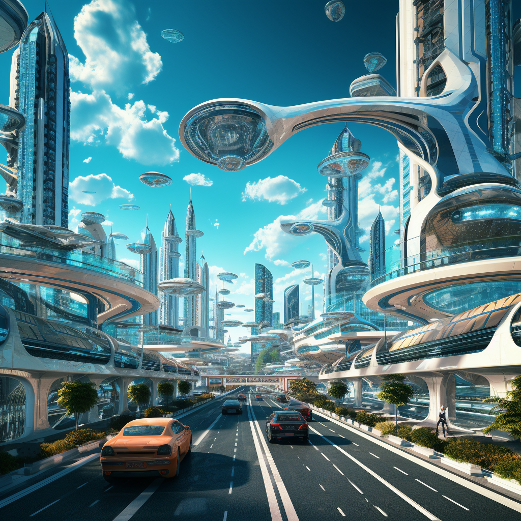 Futuristic city with flying cars