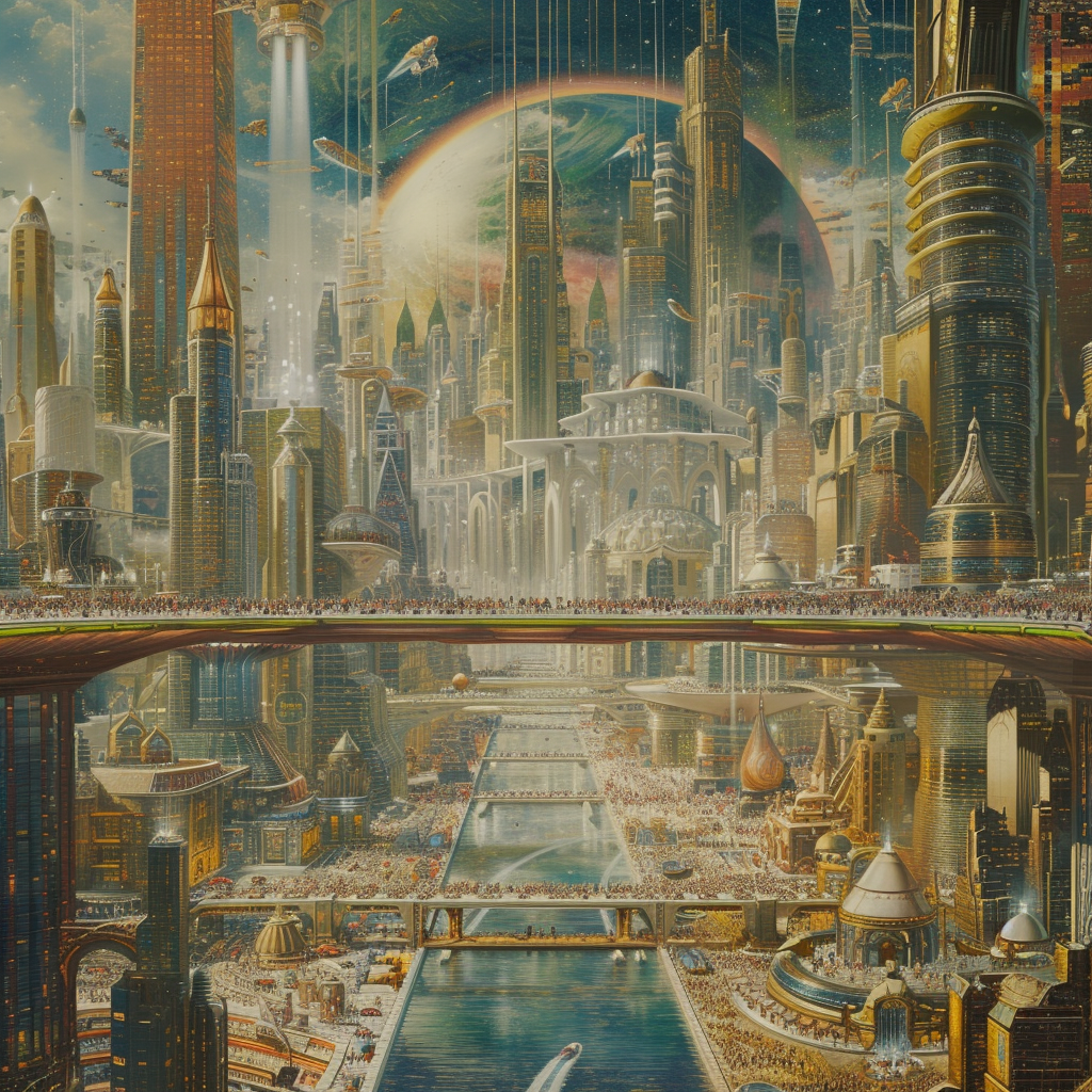 Futuristic cityscape with diverse population