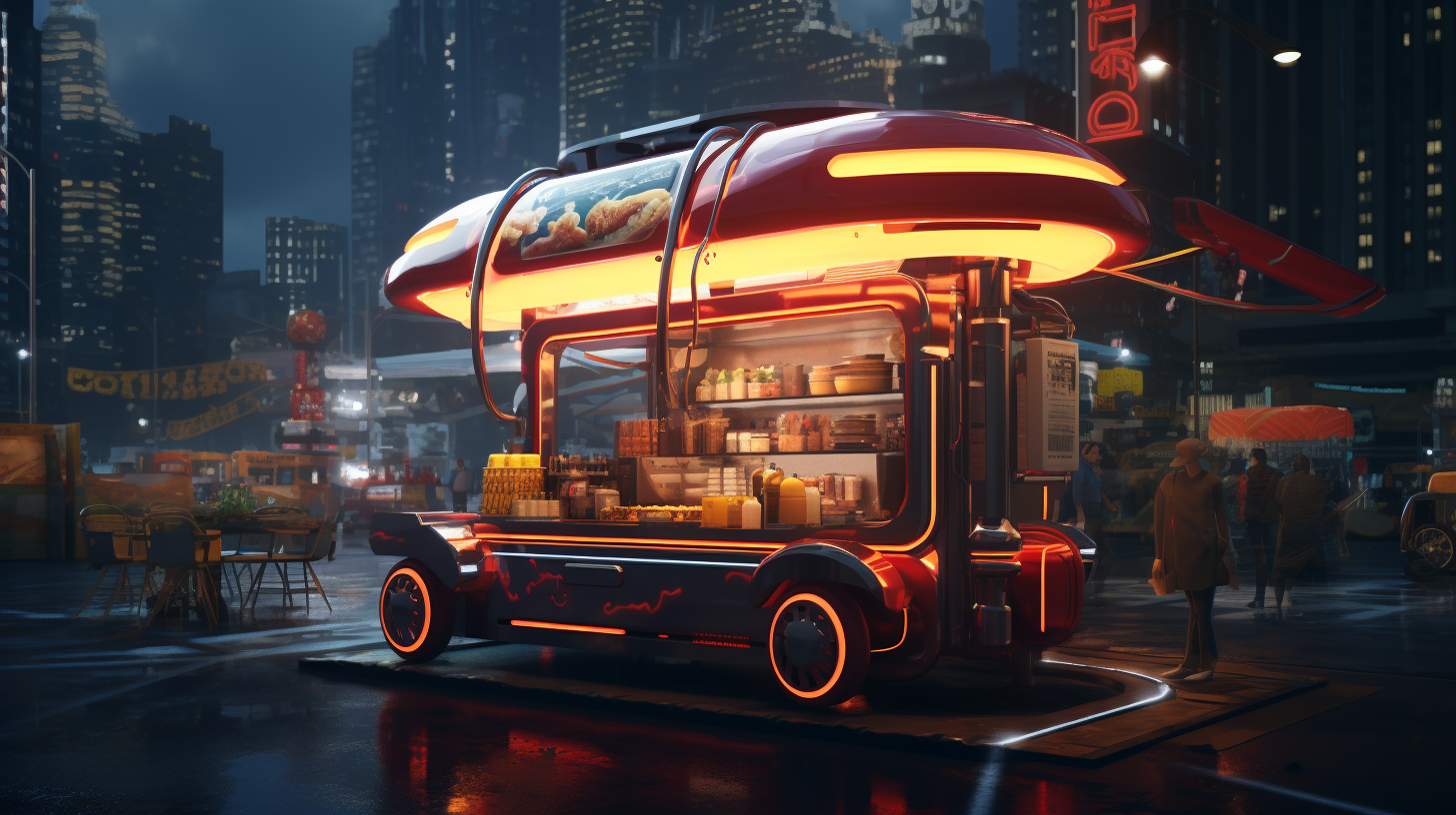 Futuristic cityscape hotdog cart photo