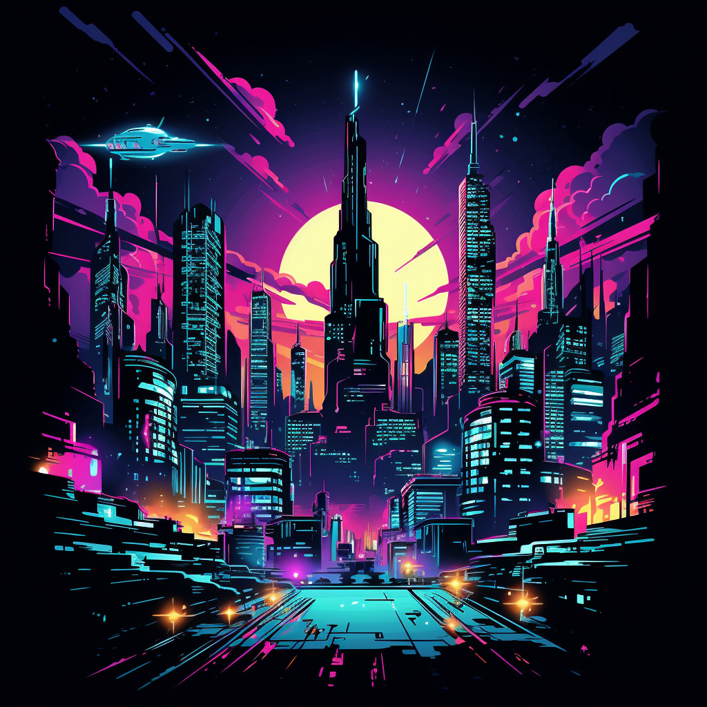 Futuristic Cityscape with Skyscrapers and Neon Signs