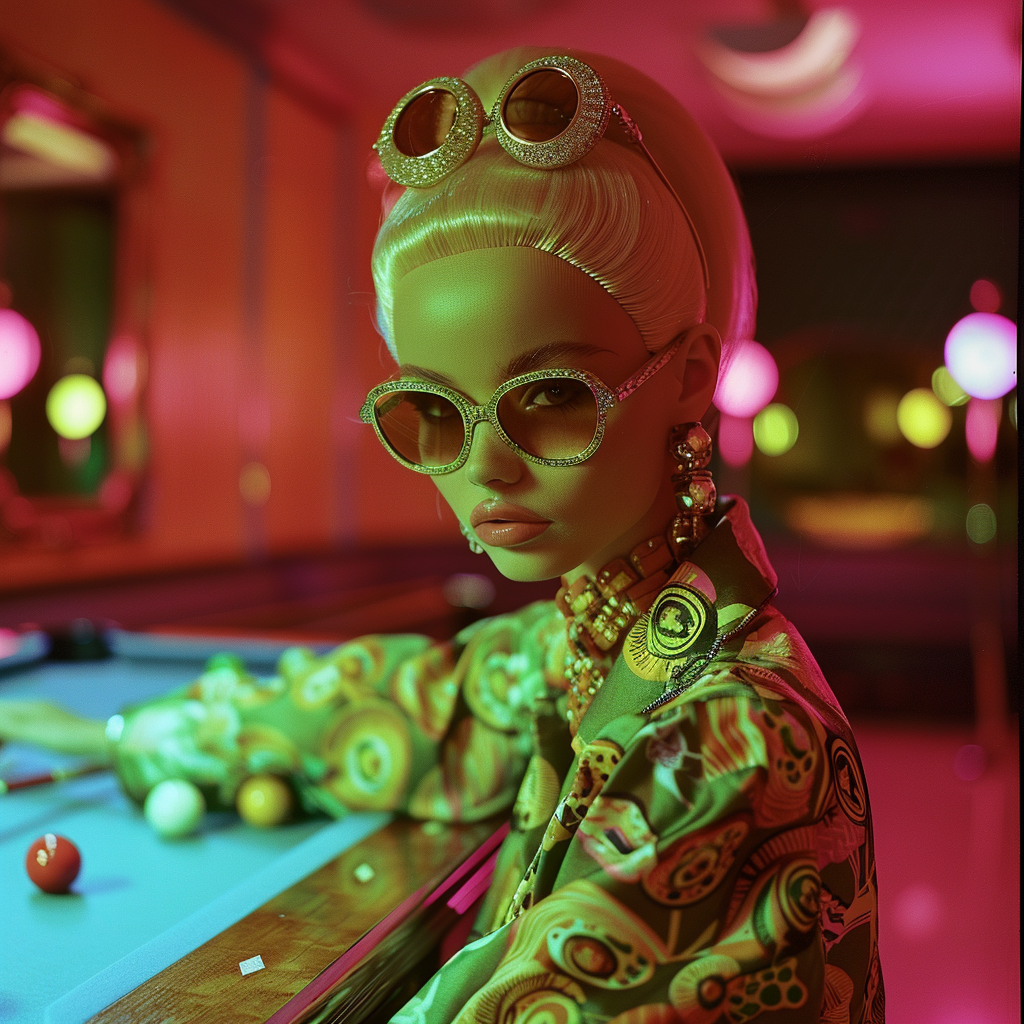 Futuristic clubber playing snooker with Barbie girl