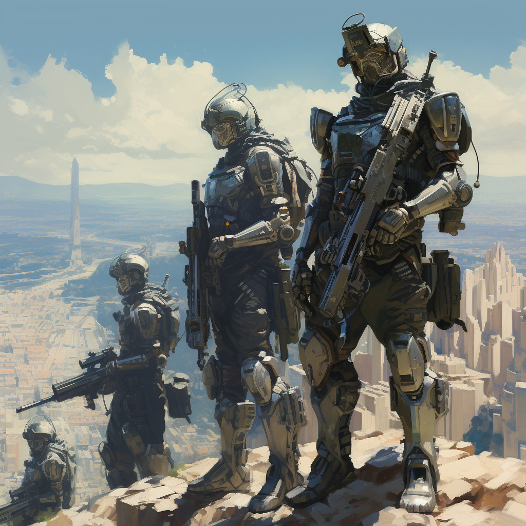 Short men in futuristic combat armor on hill