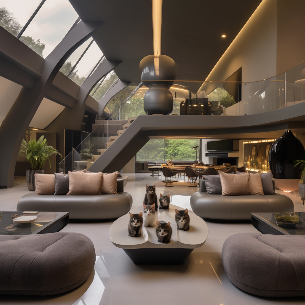 Futuristic home with leather couches and cats